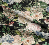 Digitally Printed Fabric with Watercolor Hydrangea Rose Pattern on a Black Background